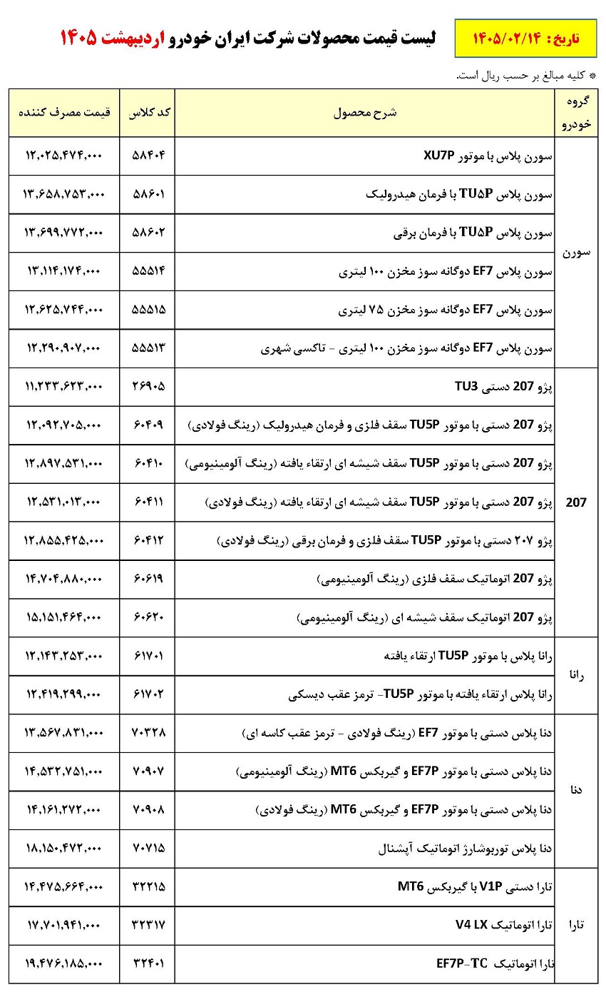 افزایش قیمت ایران خودرو در سال 1405 + نرخ جدید