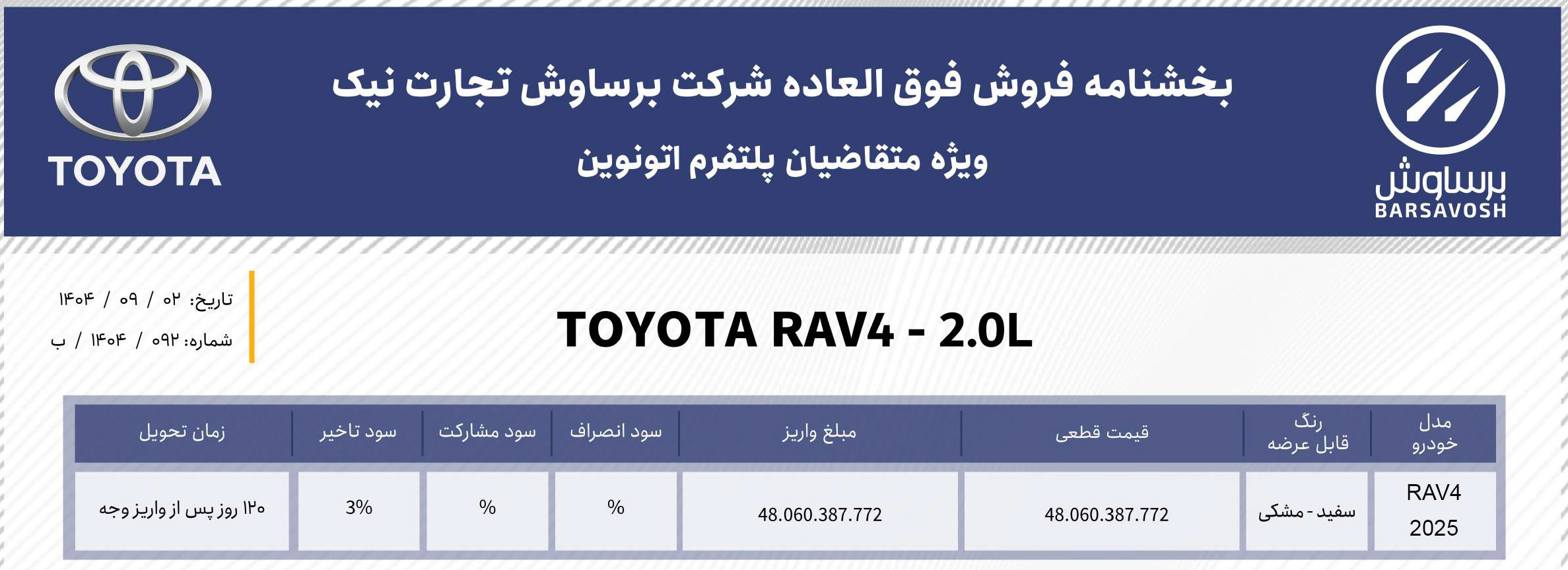 شرایط فروش برساوش خودرو (1405)