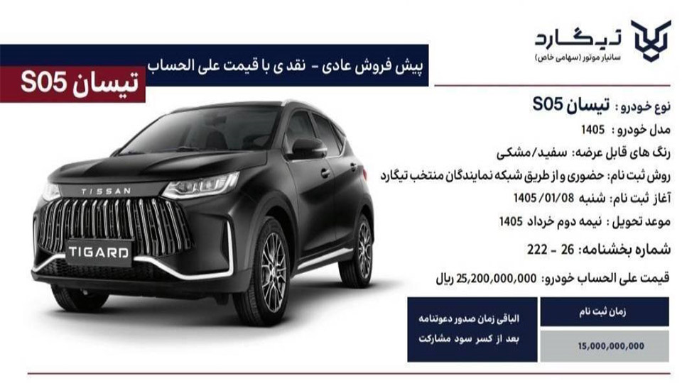 شرایط فروش تیگارد موتور و ثبت نام تیسان (1405)