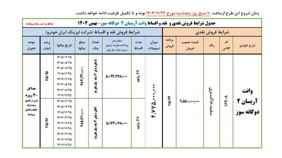 شرایط فروش آریسان 2 و ثبت نام وانت اریسان (1405)