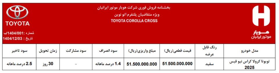 شرایط فروش هویار موتور ایرانیان (1405)